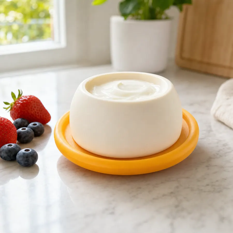 LickJoy Bowl filled with a layer of plain yogurt on a kitchen counter beside fresh strawberries and blueberries