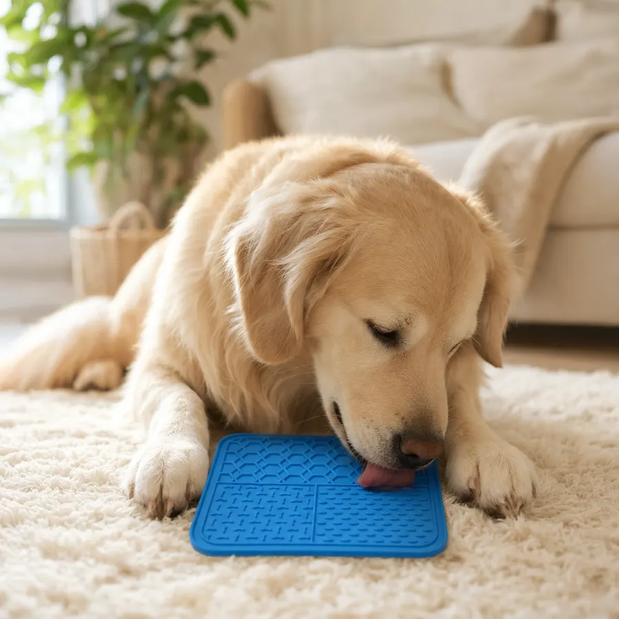 A dog settling down calmly at home after a lick mat session
