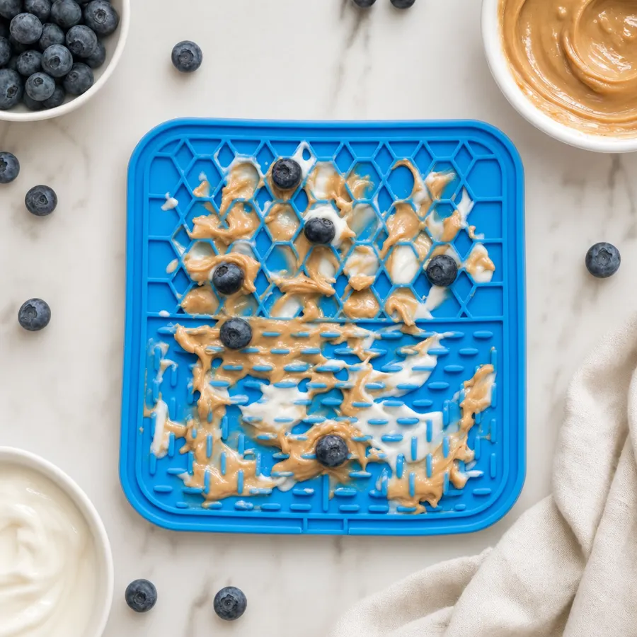 LickJoy mat laid out with toppings, showing the honeycomb and crosshatch texture zones