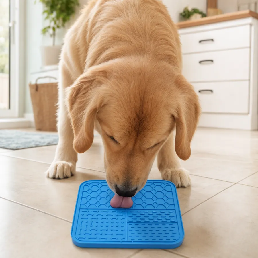 Golden retriever standing over a blue LickJoy lick mat on a tiled kitchen floor, tongue on the mat