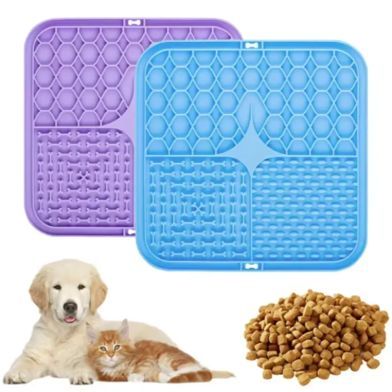 Two LickJoy lick mats shown with a dog and a cat